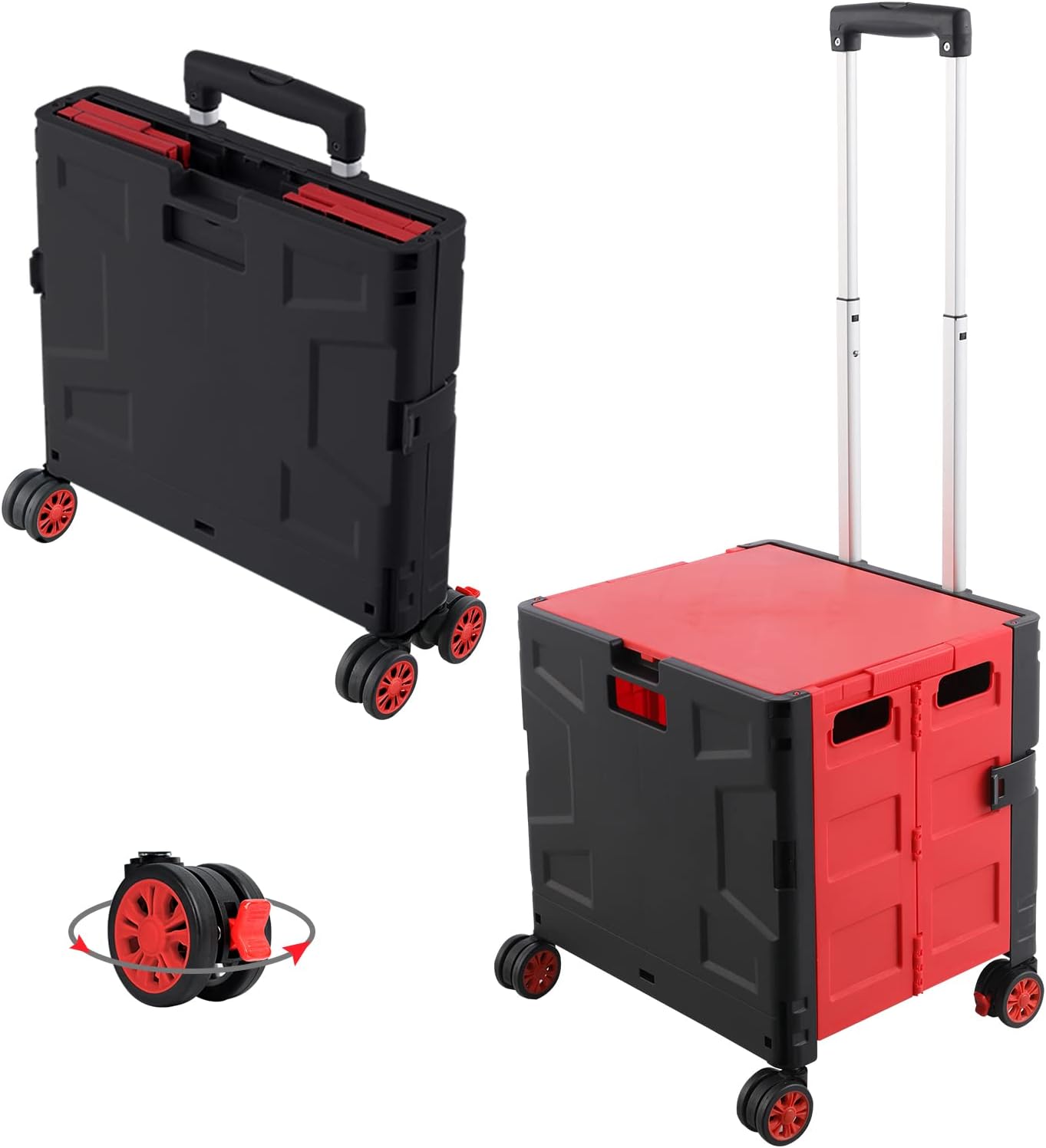 FELICON Folding Utility Cart Portable Rolling Crate Handcart with Durable Heavy Duty Plastic Telescoping Handle Collapsible Hidden Lid 4 Rotate Wheels for Travel Shop Move Office Teacher(Red&Black)