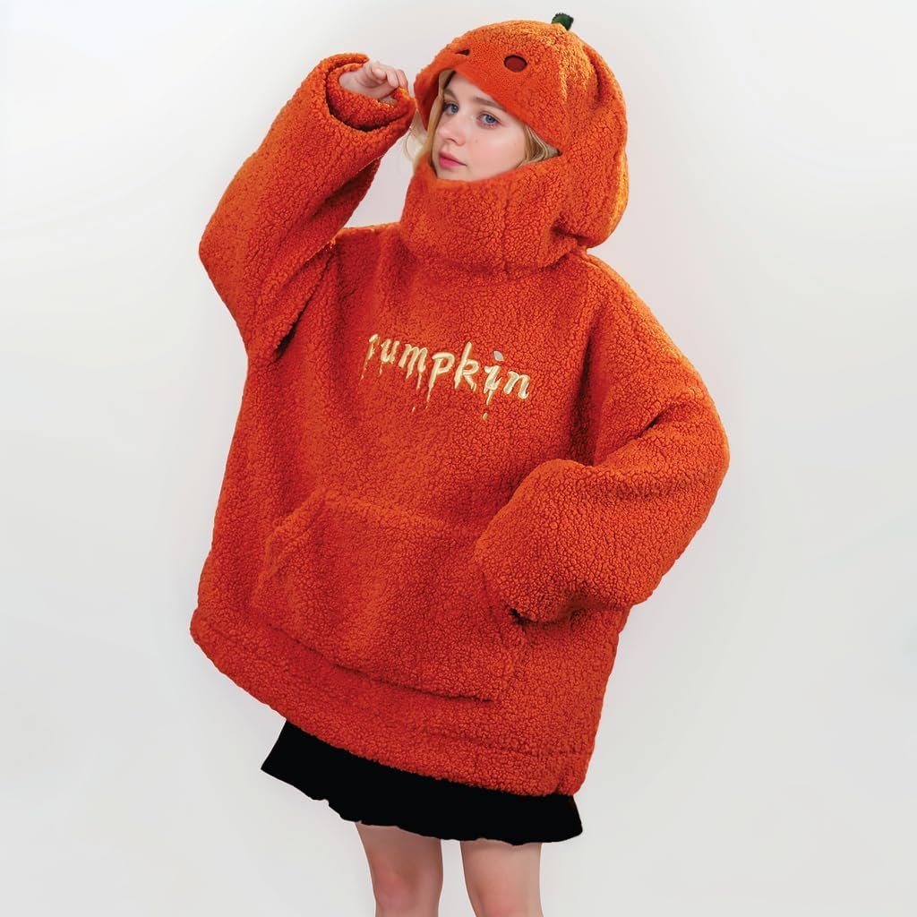 Women Halloween Sweatshirt Cute Spooky Pumpkin Hoodie Fuzzy Fleece Full Zip Pumpkin Face Graphic Sweatshirt with Kangaroo Pockets Funny Preppy Sweatshirt Y2K Hoodie Halloween Sweater
