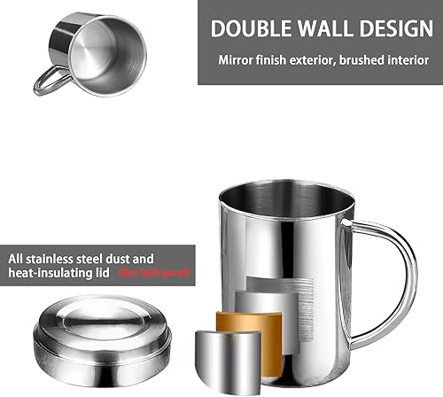 Miniatura 3 de Tazas de metal de doble pared de acero inoxidable de 13.5 onzas, taza de café y té aislada con tapa y asa para acampar y uso diario (2 piezas)