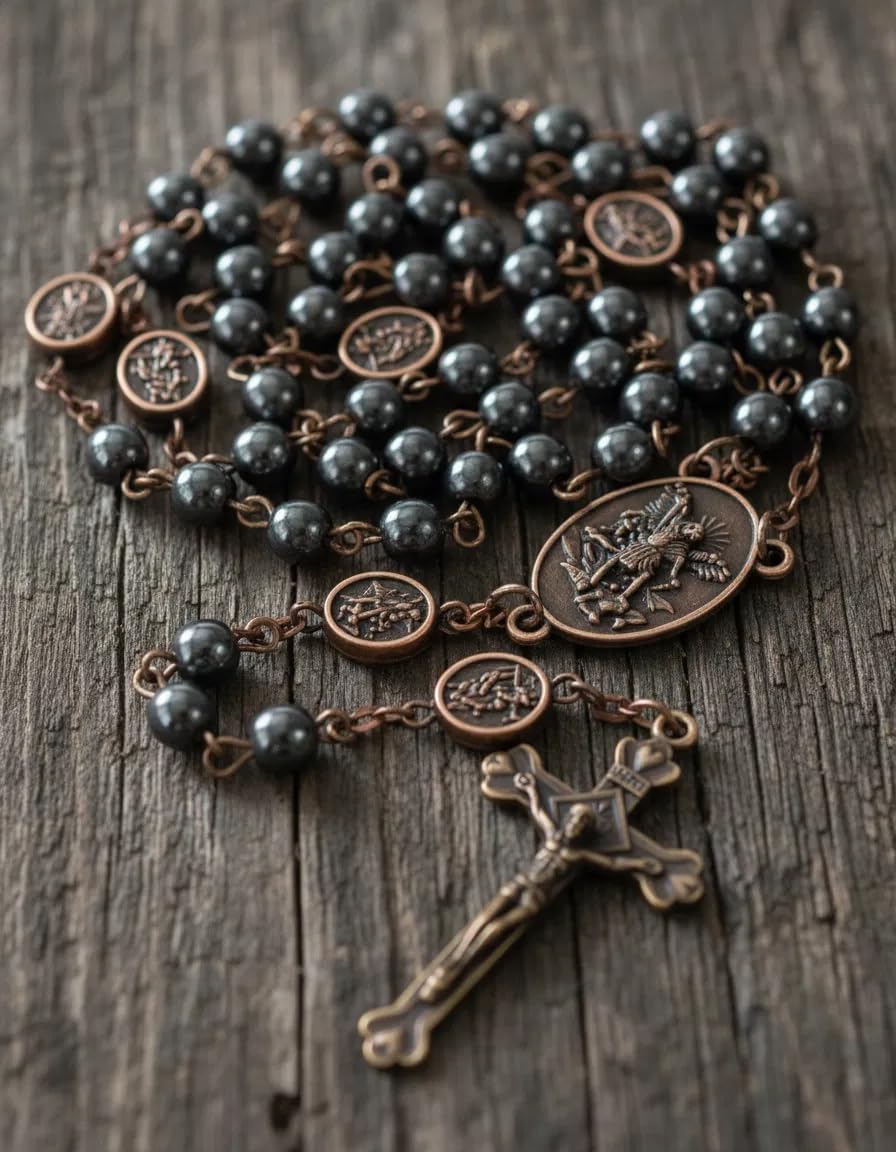 Nazareth Store Rosario di San Michele Collana di perline di pietra ematite Perline di gloria in metallo Medaglia dell'Arcangelo e croce con scatola regalo in metallo
