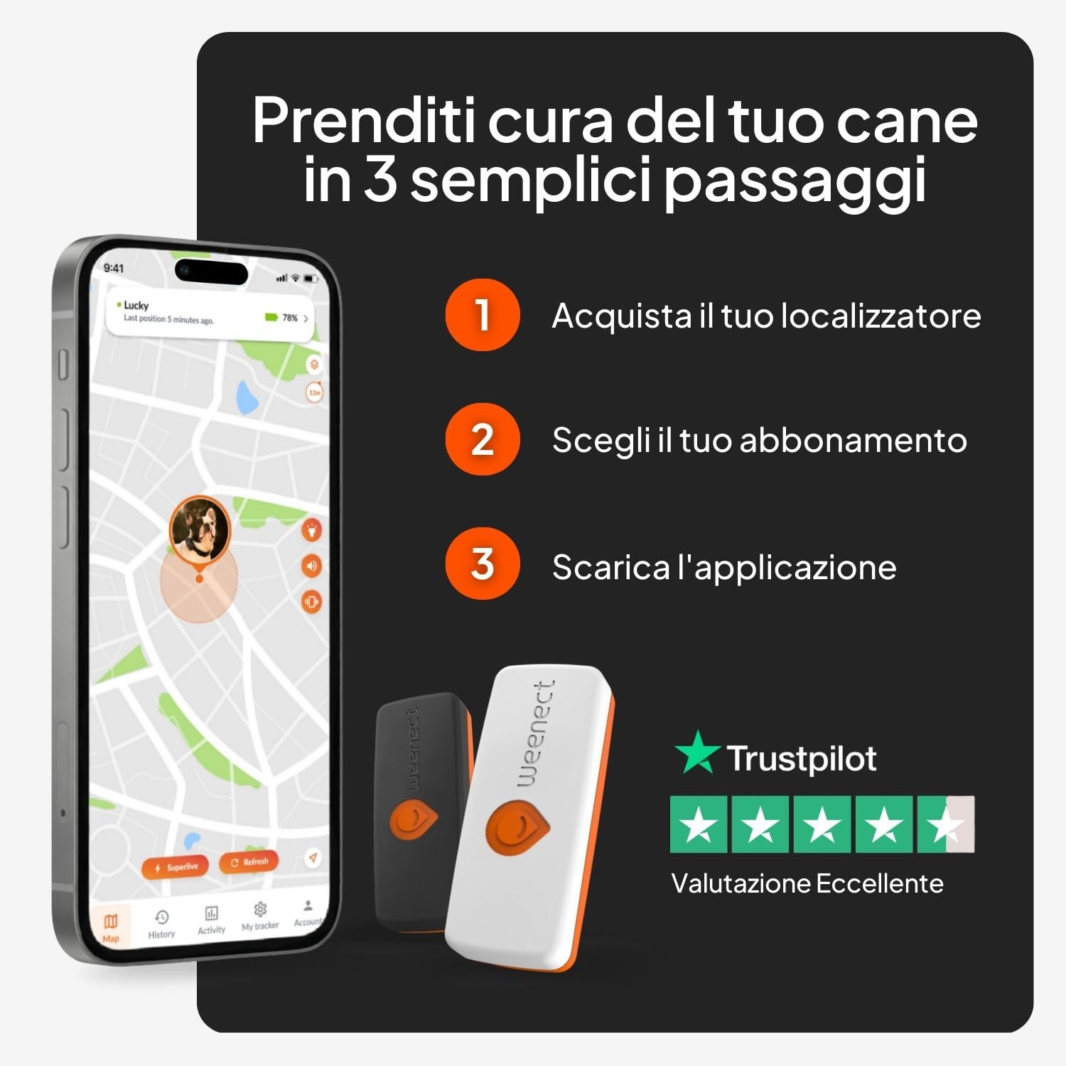 Weenect Dog XS - Localizzatore GPS per cani | Mini localizzatore GPS in tempo reale | Impermeabile | Il più piccolo sul mercato | Funziona con abbonamento | Garanzia a vita