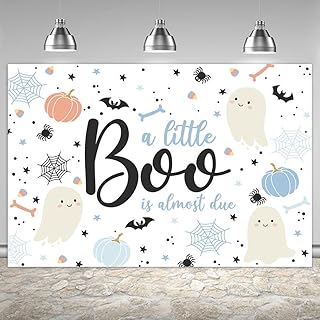 Ticuenicoa 6Ã—4ft Halloween Baby Shower Backdrop A Little Boo is Almost Due Blue Ghost Bat Pumpkin Boys Kids Hey Boo 1st Birthday Party Photography Background First Birthday Party Banner Decor
