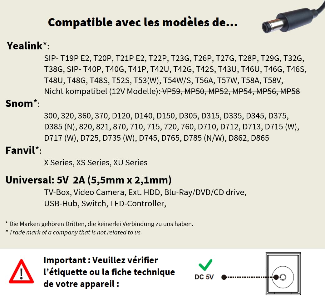 HN-Power 5V / 2A Bloc d'alimentation Compatible pour Yealink, Snom, Fanvil, Grandstream et d'autres téléphones IP - Adaptateurs étroits et économie d'énergie