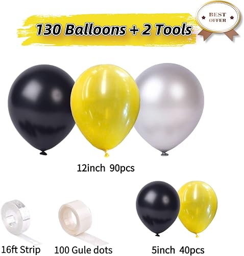 Miniatura 4 de 130 globos amarillos y negros, kit de guirnalda de globos negros y amarillos con globos plateados metálicos, globos de fiesta de abejorros