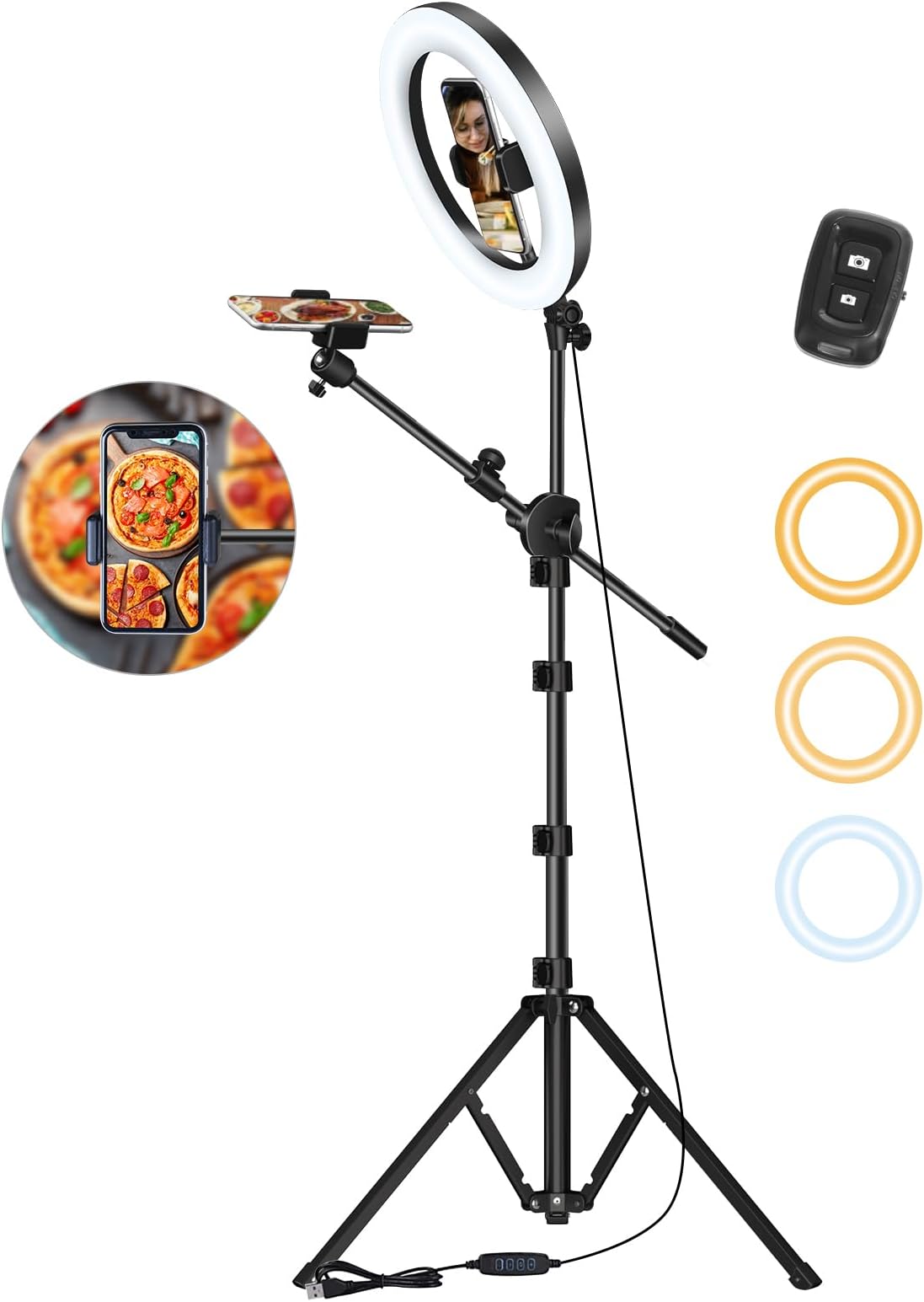 LUXSURE Ring Light with Stand for Phones, Tripod with Ring Light for iPhone, Overhead Phone Mount 10.5" with Phones Stand and Remote, Phone Tripod with Light for Video Recording/Live Stream/Cooking