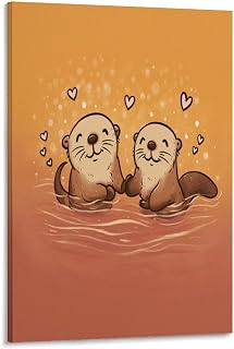 LIYOUKE Framed Ready to Hang Cute Otters Canvas Painting Prints Valentine Otter Decorative Artwork Print Painting 16×24inch Bedroom Home Decoration