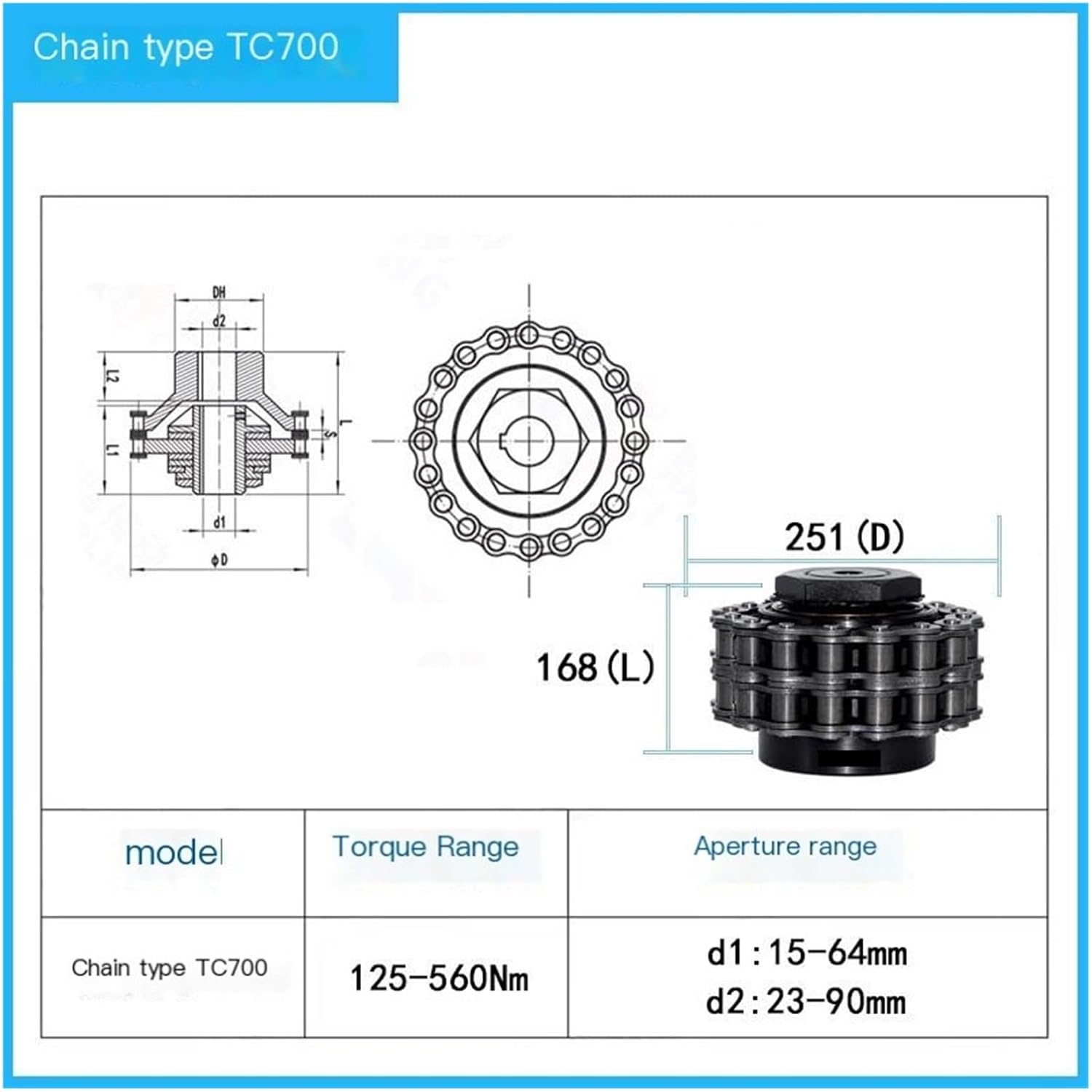 Torque Limiter Safety Clutch, Friction Clutch with Sprocket High-Torque Coupling Chain-type TC200/250/350/500/700(Chain-type TC700 D251L168)
