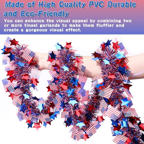 Image of 50FT Patriotic Tinsel Garland 4th of July Decorations, Red White Blue Star American Flag Garland Glitter Patriotic Garland for Fourth July Independence Day Memorial Day Decor Outdoor Indoor Home Party
