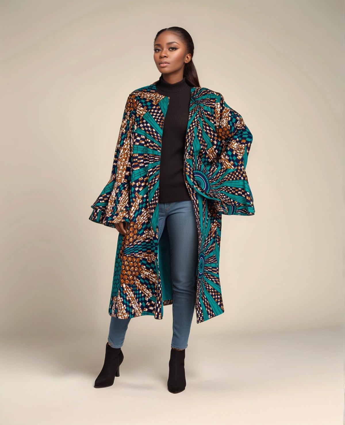 ABCWAX African Women's Jacket Ankara detachable belt Printed Cardigan Long Jacket Top Batik Dashiki Clothing