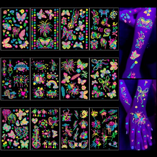 Qpout 12 folhas brilham nos UV tatuagens temporárias música néon flor de borboleta fluorescente flash autocolantes falsos de tatuagem para mulheres arte corporal Rave festival decorações
