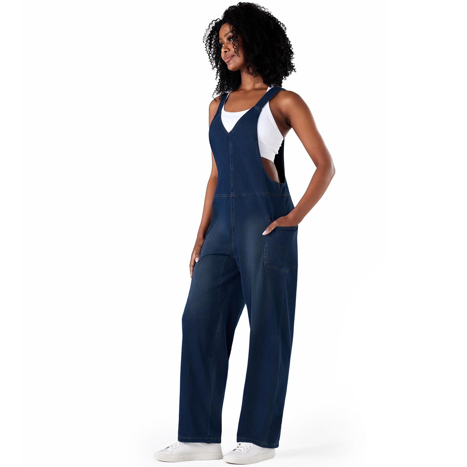Fanica Women's Loose Fit Denim Overalls, Baggy Wide Leg Overalls for Casual Everyday Wear