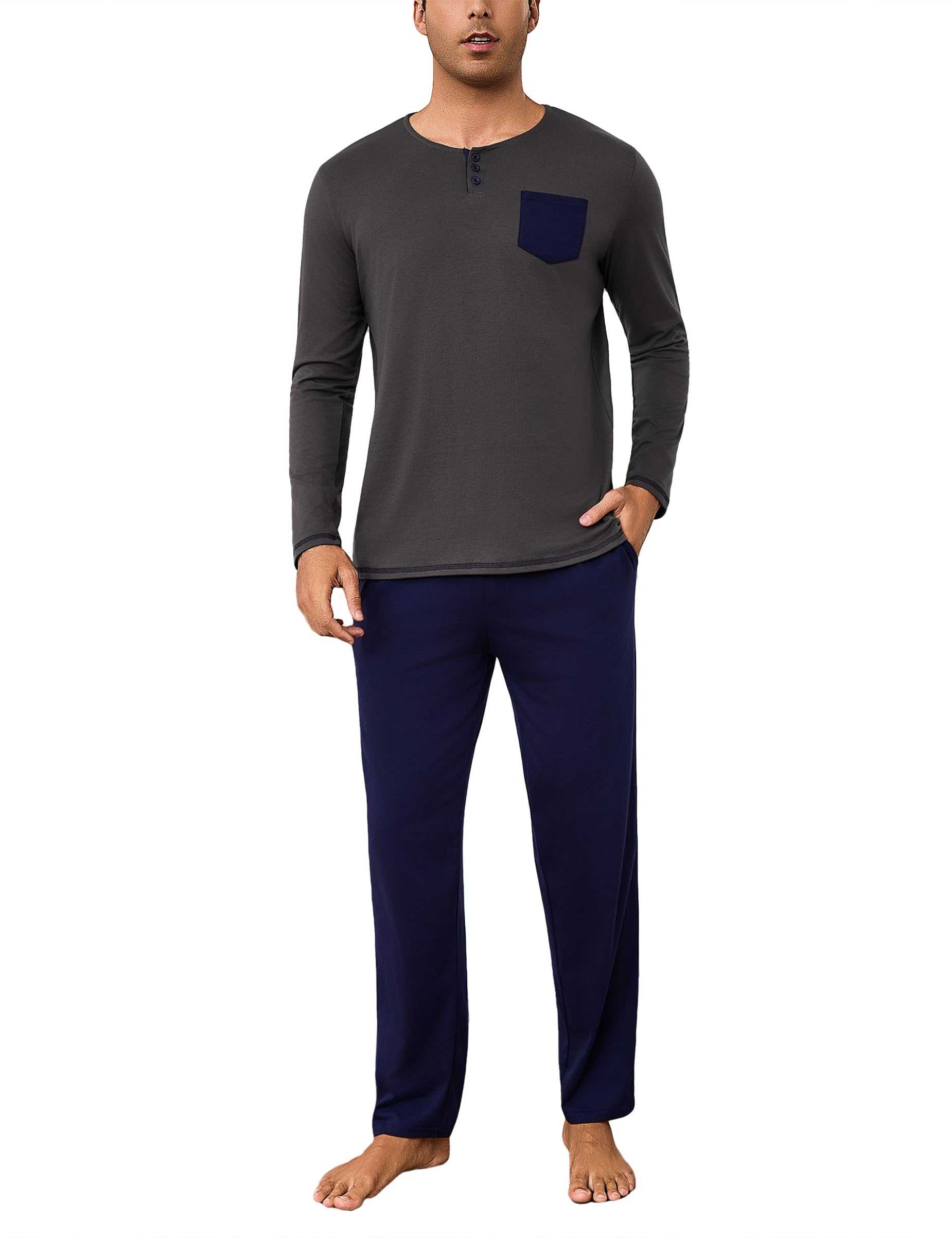 Bresdk Schlafanzug Herren Lang Baumwolle Pyjama mit Knopfleiste Winter Langarm Loungewear Henley-Ausschnitt Shirt