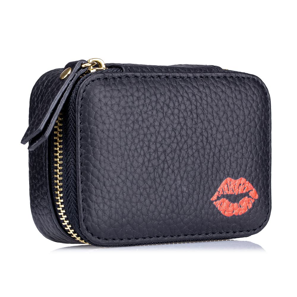 Aolaso Genuine Leather Lipstick Case with Mirror, Lipstick Organizer Mini Cosmetic Storage for Women, Black-style 2, 10 x 8 x 2.5 cm - Image 3