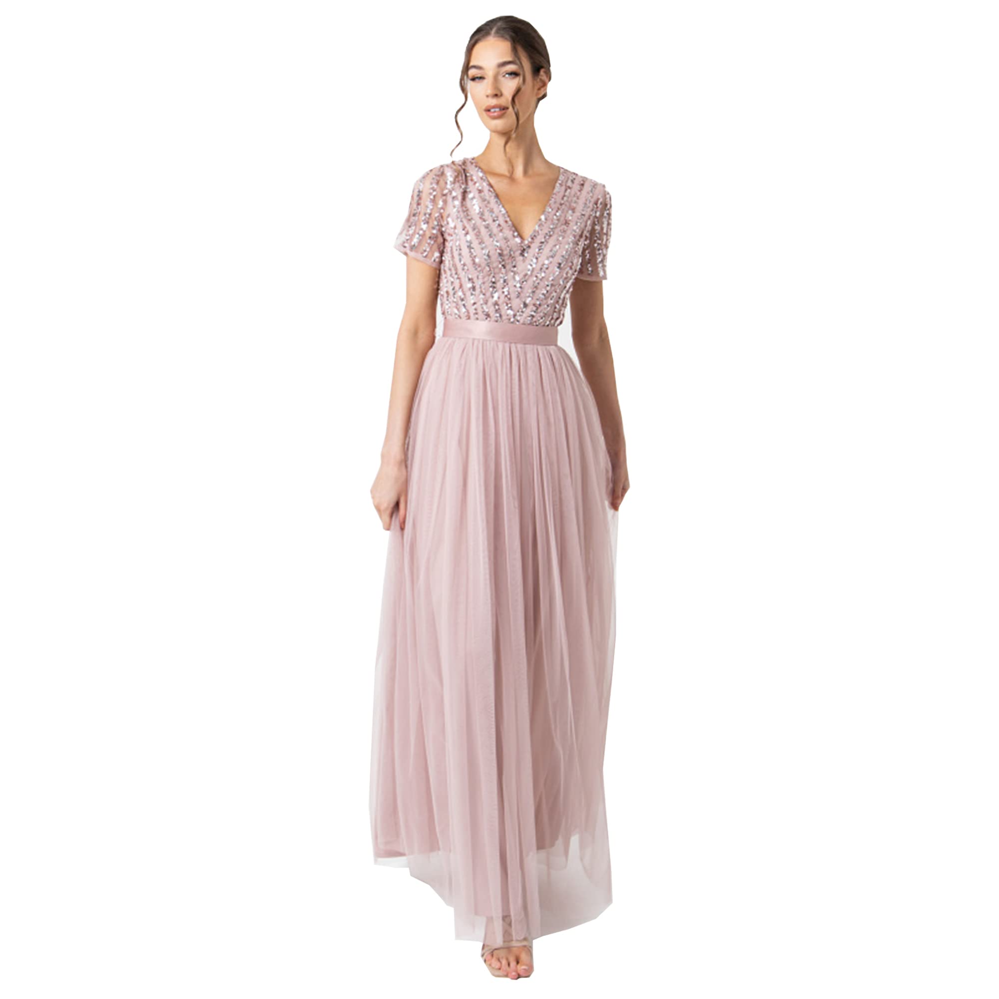 Maya Deluxe Women's Maya Frosted Pink Stripe Embellished Maxi Dress with Sash Belt Bridesmaid, 14