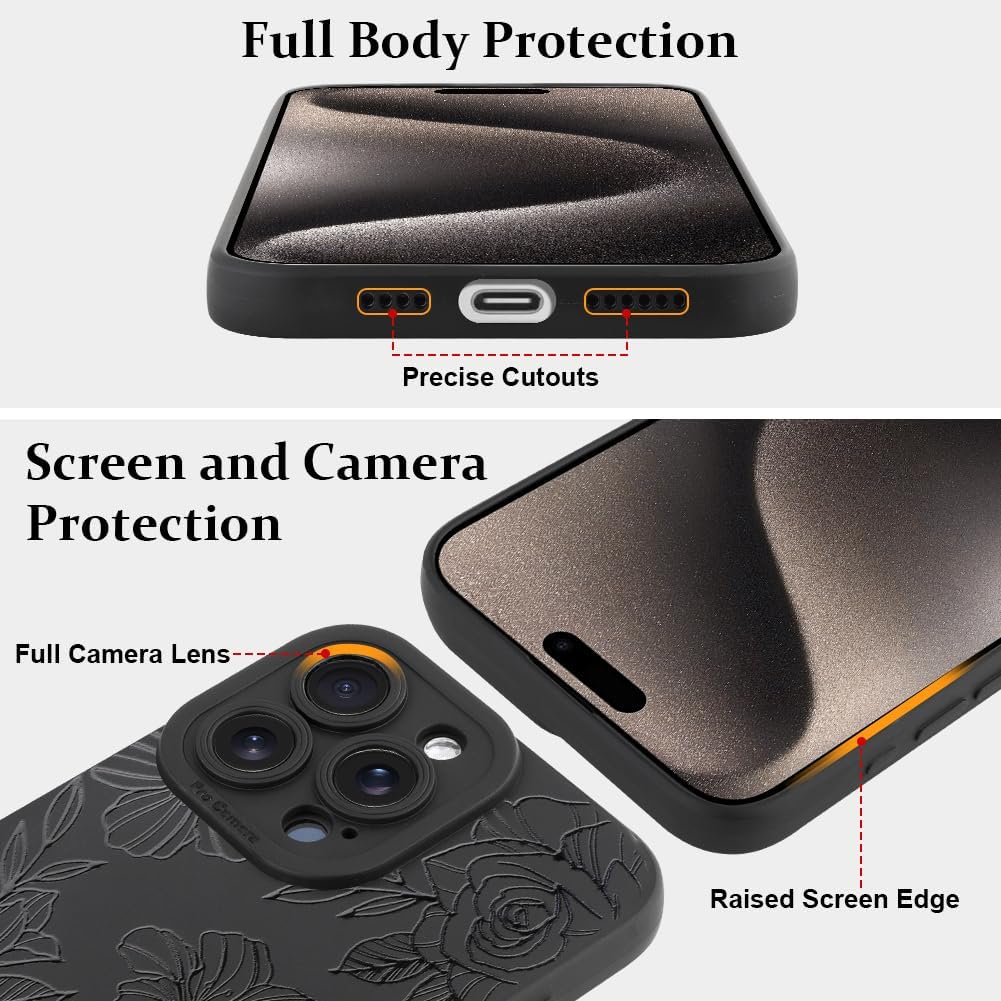 LSL Case for iPhone 15 Pro Black Floral Flower Pattern Print Design Soft TPU Full Camera Lens Anti-Drop Anti-Scratch Shockproof Protective Slim Cover for Women Girls - Image 4