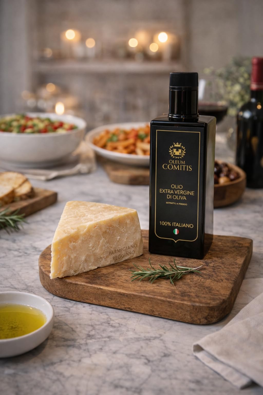 Oleum Comitis – oliwa z oliwek extra virgin 100% włoska tłoczona na zimno – linia Premium – drewniane pudełko upominkowe z butelką 500 ml i 1 kg Parmigiano Reggiano 40 M. Vacche Rosse