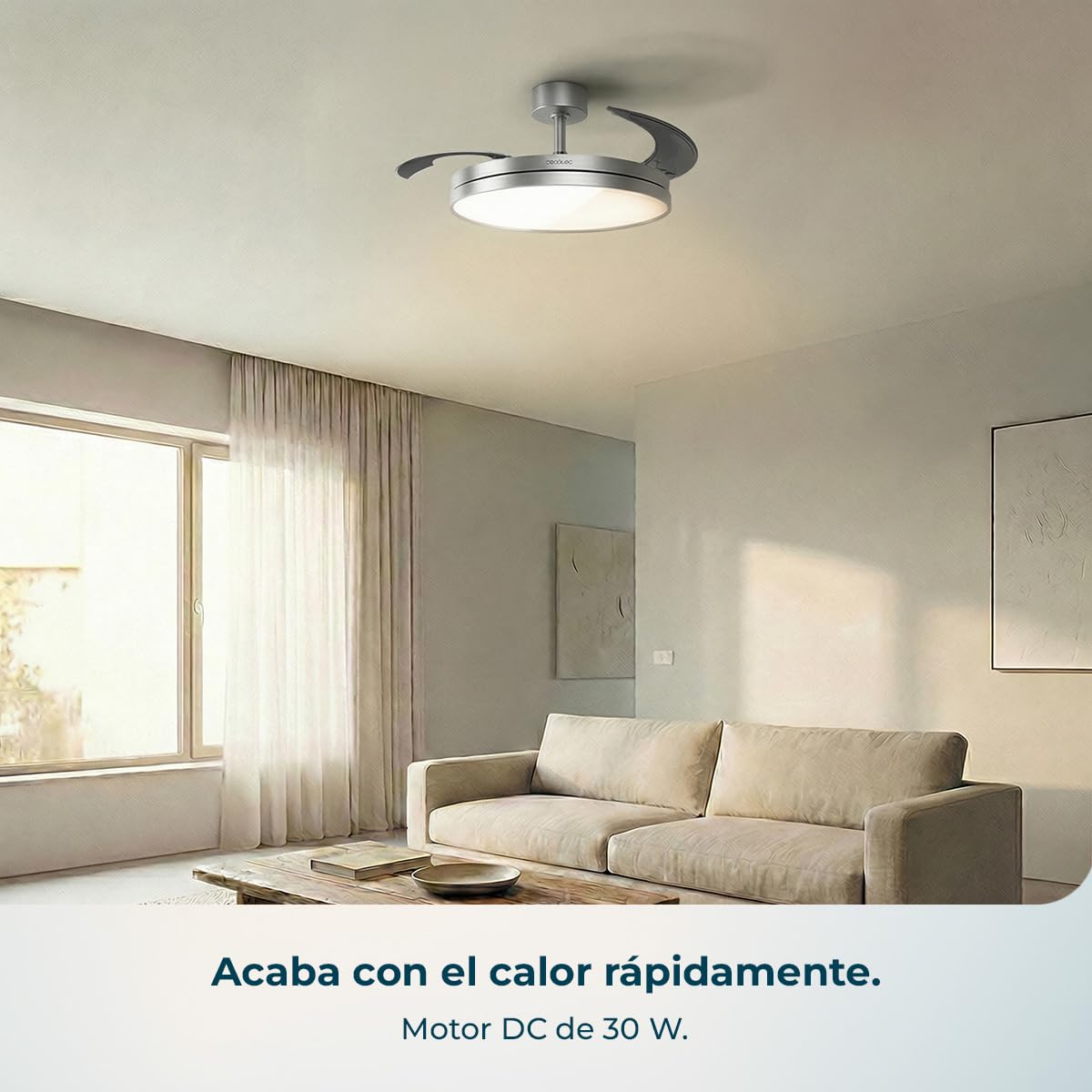 Cecotec Ventilador de Techo con Luz con Aspas Retráctiles EnergySilence Aero 2440 Invisible Pure Steel. 30W, Motor DC, Mando a Distancia, Temporizador 6h, 6 Velocidades, Función Winter-Summer