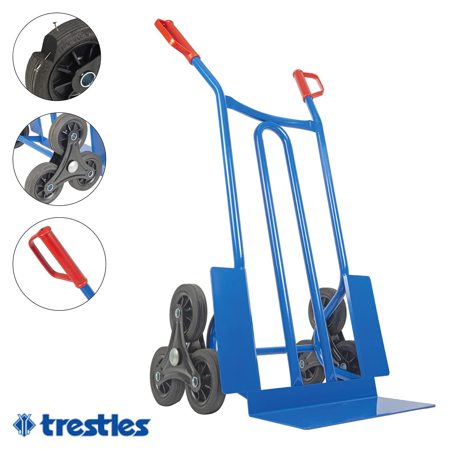 Trestles Profi Sackkarre Treppensteiger S01HS blau 250kg Sackkarren Sackkarre Vollgummireifen Sternräder Transportkarre Treppensackkarre Treppenkarre | Stahl | große Schaufel | Sicherheitsgriffe