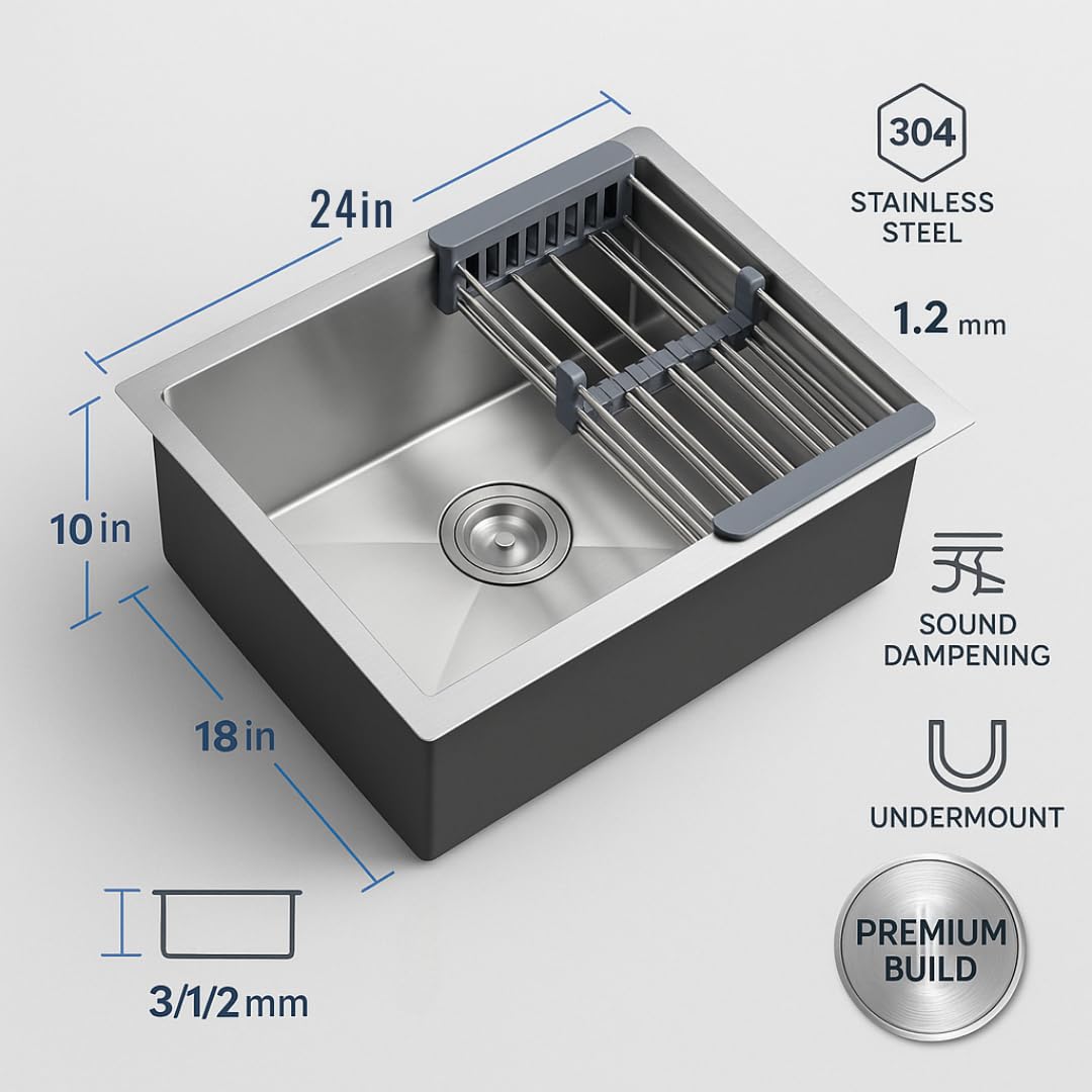 HISRE Handmade Single Bowl Kitchen Sink 24x18x10 Inch | Premium Stainless Steel with Brushed Matte Finish | Includes Coupling, Waste Pipe & Vegetable Washing Basket | White, photo 3 of 5