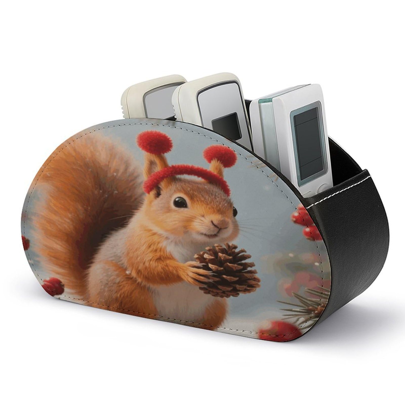 VstaDank - Squirrel Remote Control Holder PU Leather Multifunctional Office Organizer Makeup Brush Holder Computer with 5 Compartments Player Box