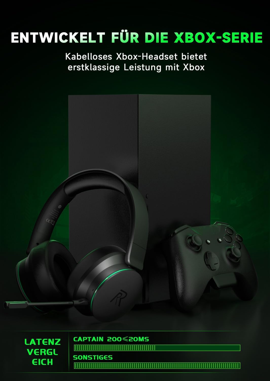 Wireless Gaming Headset für Xbox Series X|S, Xbox One, PS5, PS4, Noise Cancelling Bluetooth 5.3 Kabelloses Gaming Kopfhörer, PC Headset mit Mikrofon, 3D-Surround-Sound, 45H Batterie, Schwarz-Grüne