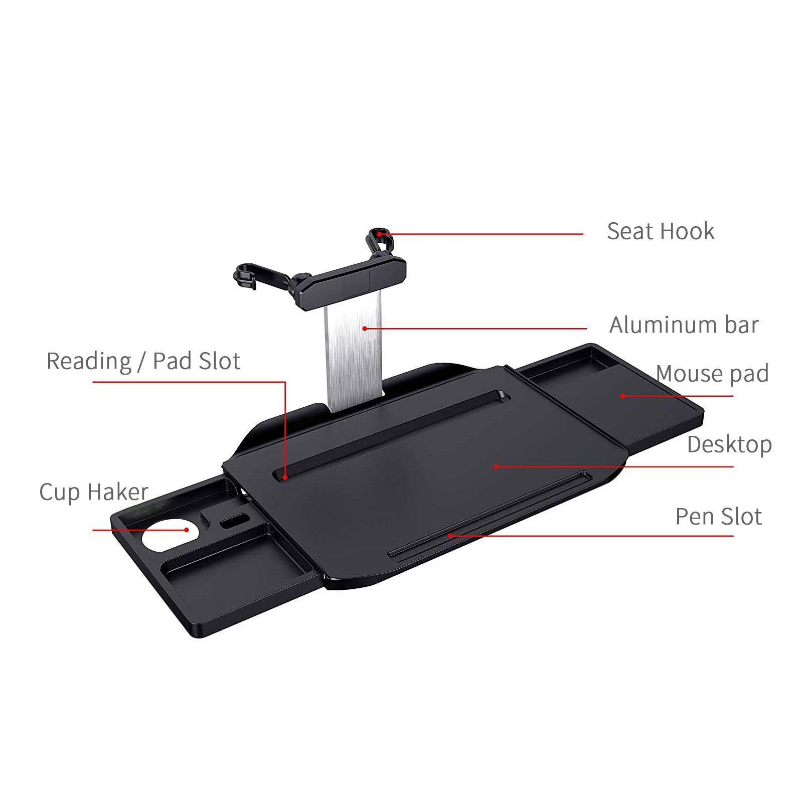 Mesa de viaje plegable para coche, mesa de comedor multifuncional con 2 | cajones separados y barra deslizante de aluminio, mesa de coche para asiento trasero de niño para escribir ordenadores