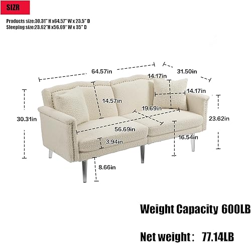 Miniatura 2 de Moderno sofá futón de la edad media, sofá cama plegable convertible futón sofá pequeño de terciopelo transpirable, sofá de doble asiento para sala