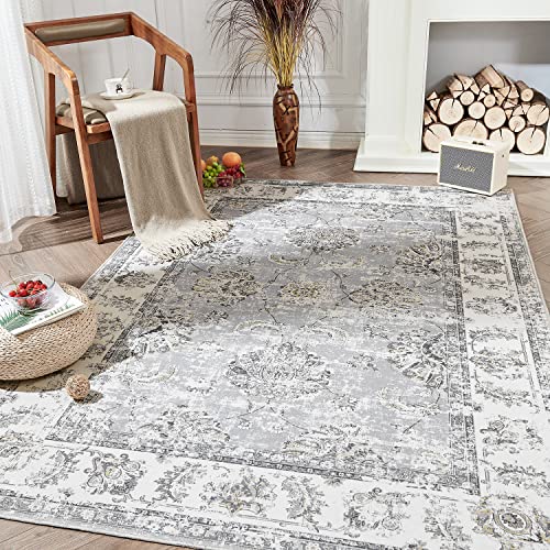 jinchan Vintage Floral 5x7 Area Rugs for Bedroom - Machine Washable Distressed Design Stain Resistant Boho Carpet Ultra-Thin Low Pile Non-Slip Rug for Living Room Dining Room Kitchen (5‘x7',Grey)