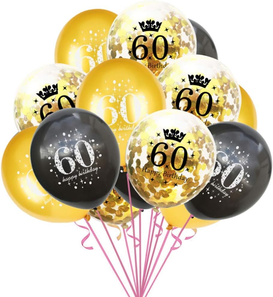 Dusenly 15pcs 60th Birthday Balloon 12inch Black Gold Happy Birthday Latex Confetti Balloons Set 60th Birthday Party Decoration