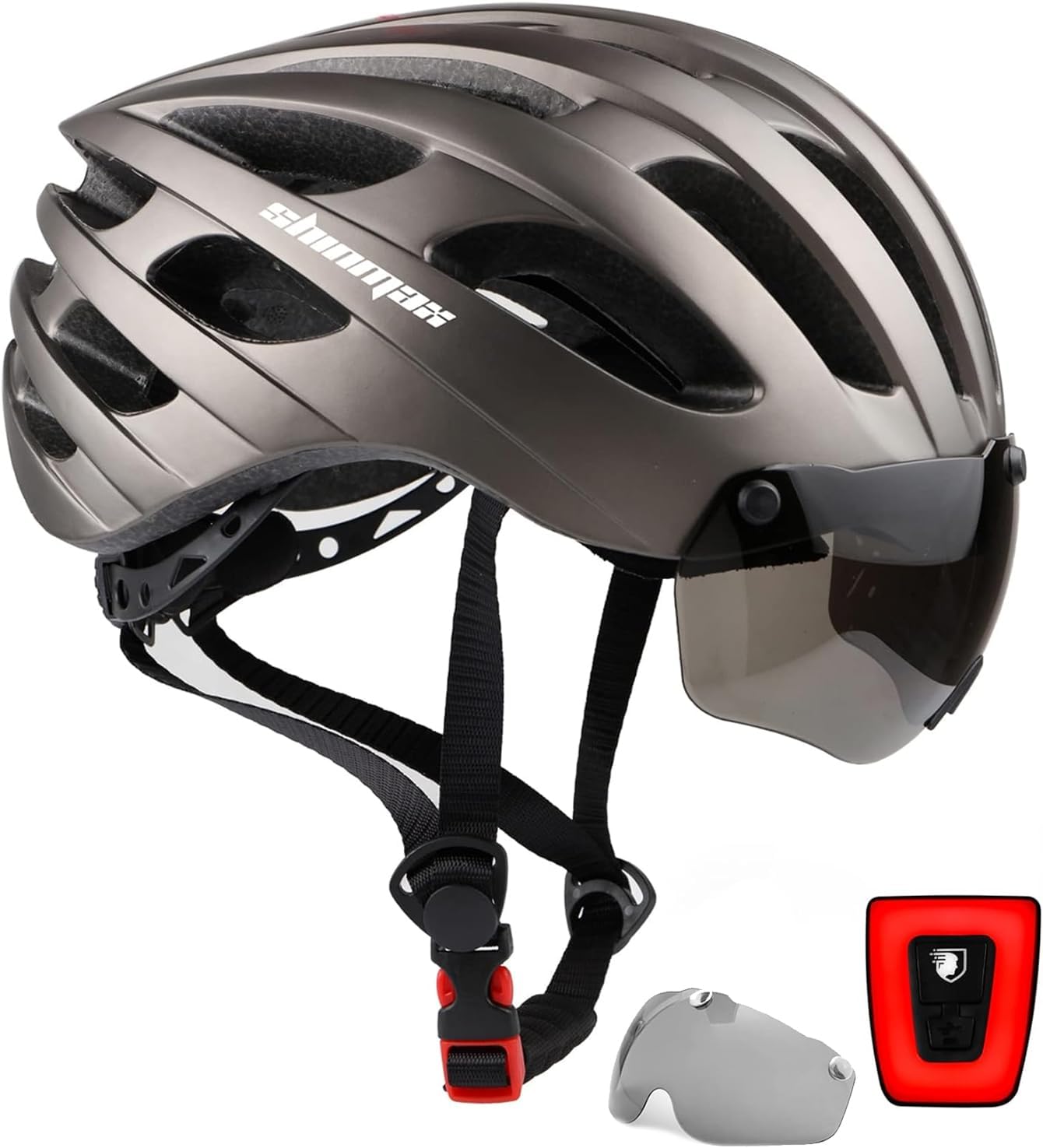 Shinmax bike helmet with USB light & detachable goggles