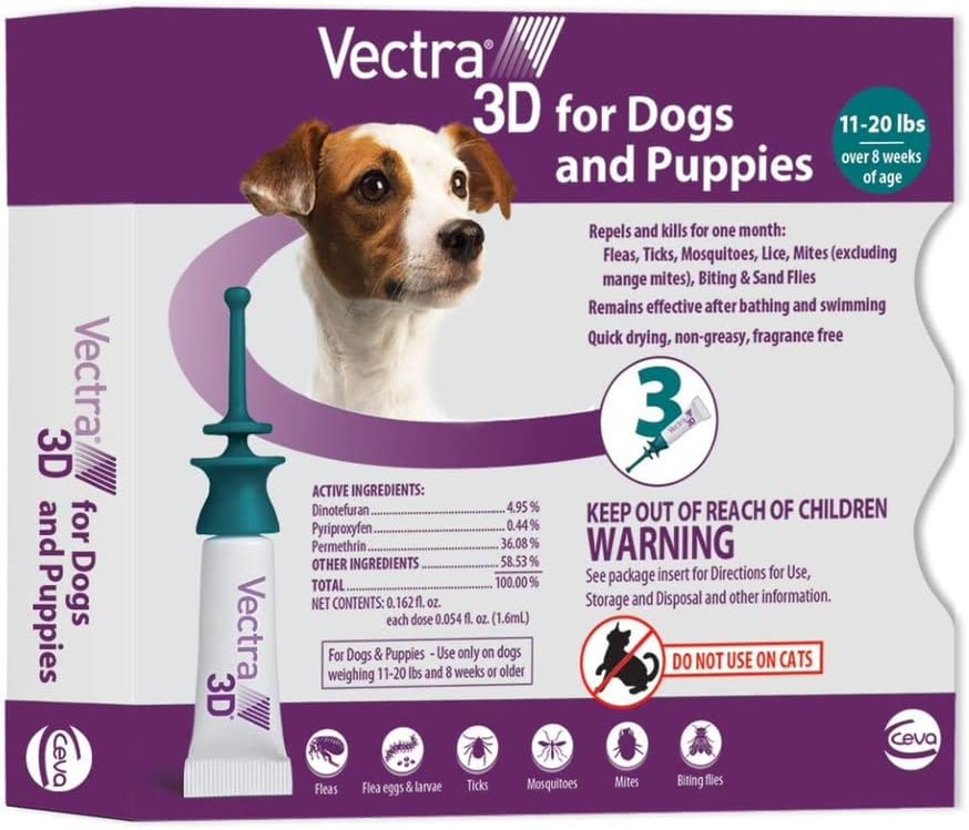 Vectra 3D for Dogs Flea, Tick & Mosquito Treatment & Prevention for Small Dogs (11 – 20 lbs) , 3 month supply