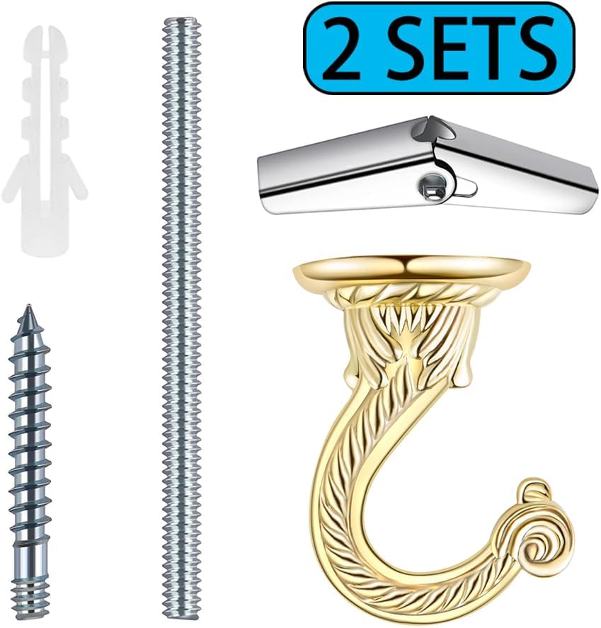 2 Sets Large Swag Ceiling Hooks Heavy Duty Swag Hook with Hardware for Hanging Plants Ceiling Installation Cavity Wall Fixing (2 Sets Gold)