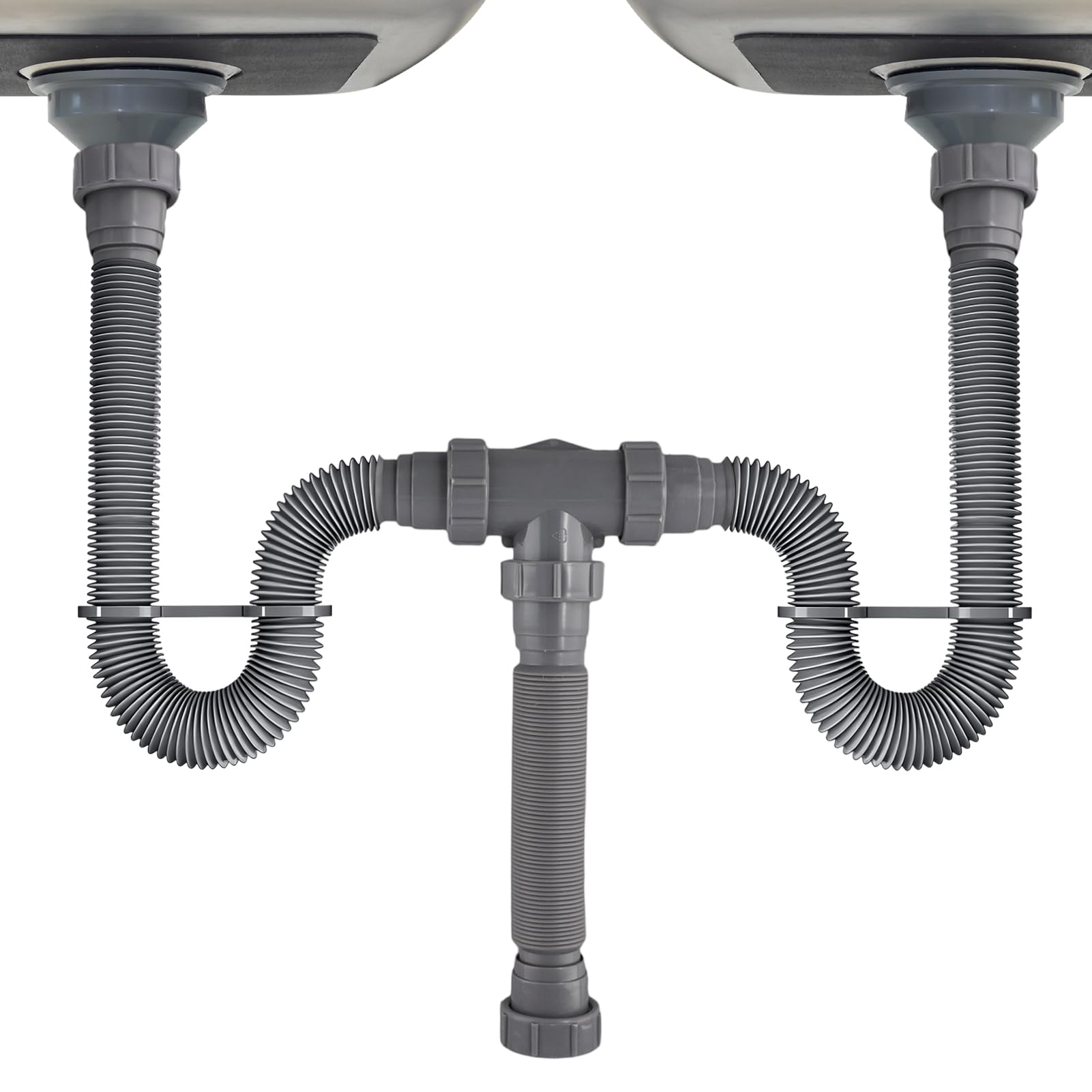 Kit de drenaje de doble fregadero, manguera de drenaje flexible, diseño PTrap, con sellos para un ajuste seguro en cualquier espacio, fácil de instalar y solut a prueba de fugas
