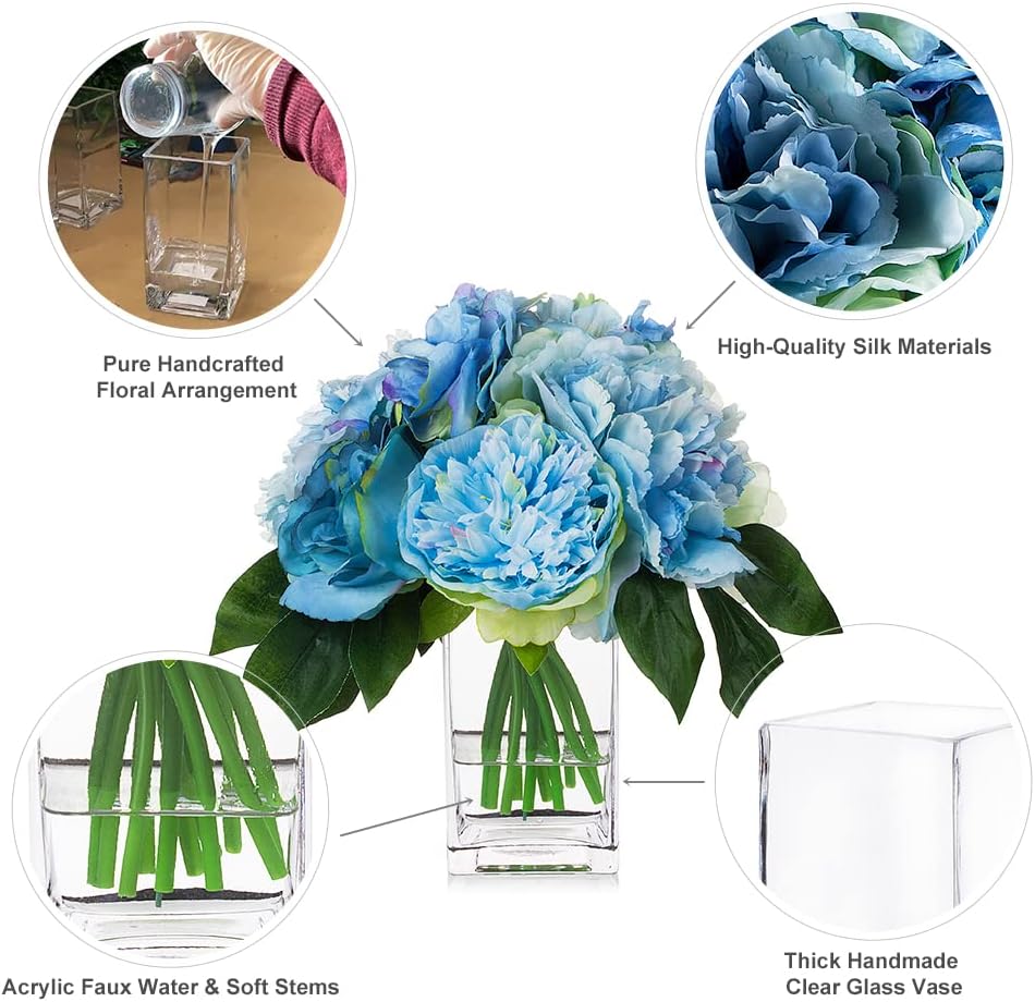 Enova Floral Artificial Flower Arrangement in Vase, Fake Flowers Arrangement with Vase, Mixed Artificial Peony Rose and Hydrangea Silk Flower with Clear Glass Vase for Home Wedding (Blue)