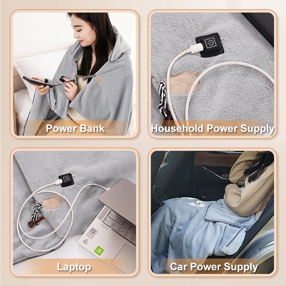 Woolala Coperta indossabile con cappuccio riscaldata USB 3 impostazioni di riscaldamento, lavabile in lavatrice, portatile, calda, morbida flanella, scialle riscaldata elettrica, per donne, uomini