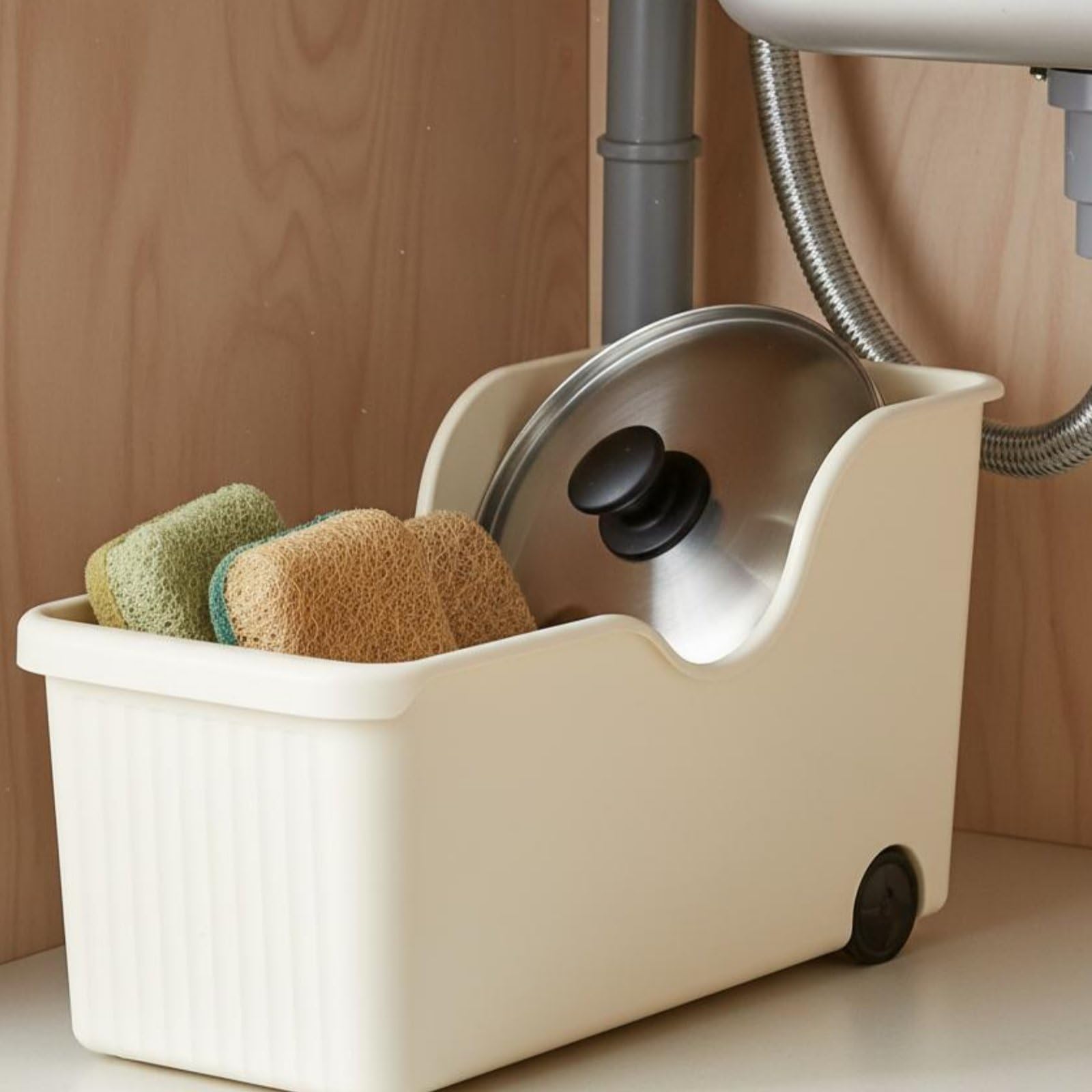 2 Piezas Caja de Almacenamiento Organizador de Cocina Estante Multiusos con Ruedas Móvil Material Polipropileno Adecuado para Armarios Encimeras Bajo Fregadero Cocina Hogar, Crema, Pack De 3