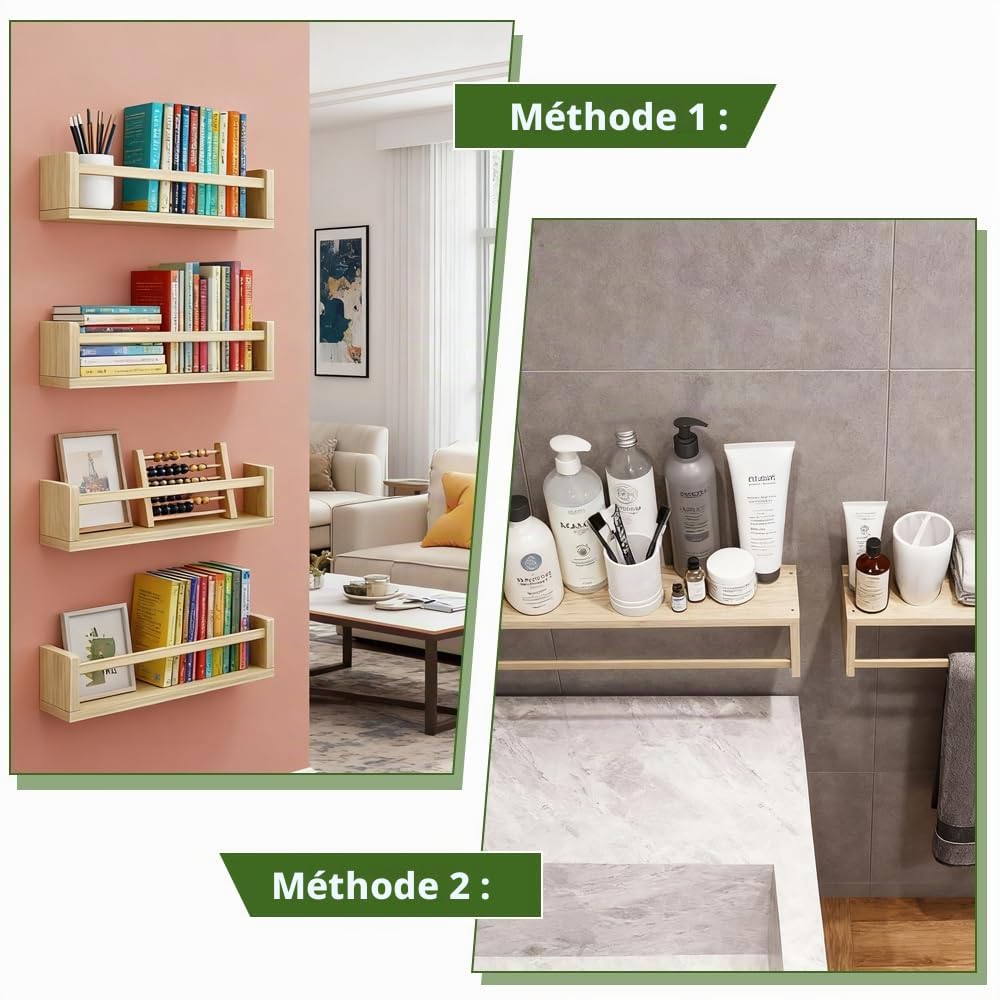 HEKOBAG Lot de 4 Étagères Murales Flottantes en Bois, 41cm Étagère Livres Flottante, Étagère à Livres pour Enfants, Bibliothèque Murale Flottante pour Chambre à Coucher, Salon, Salle de Bain