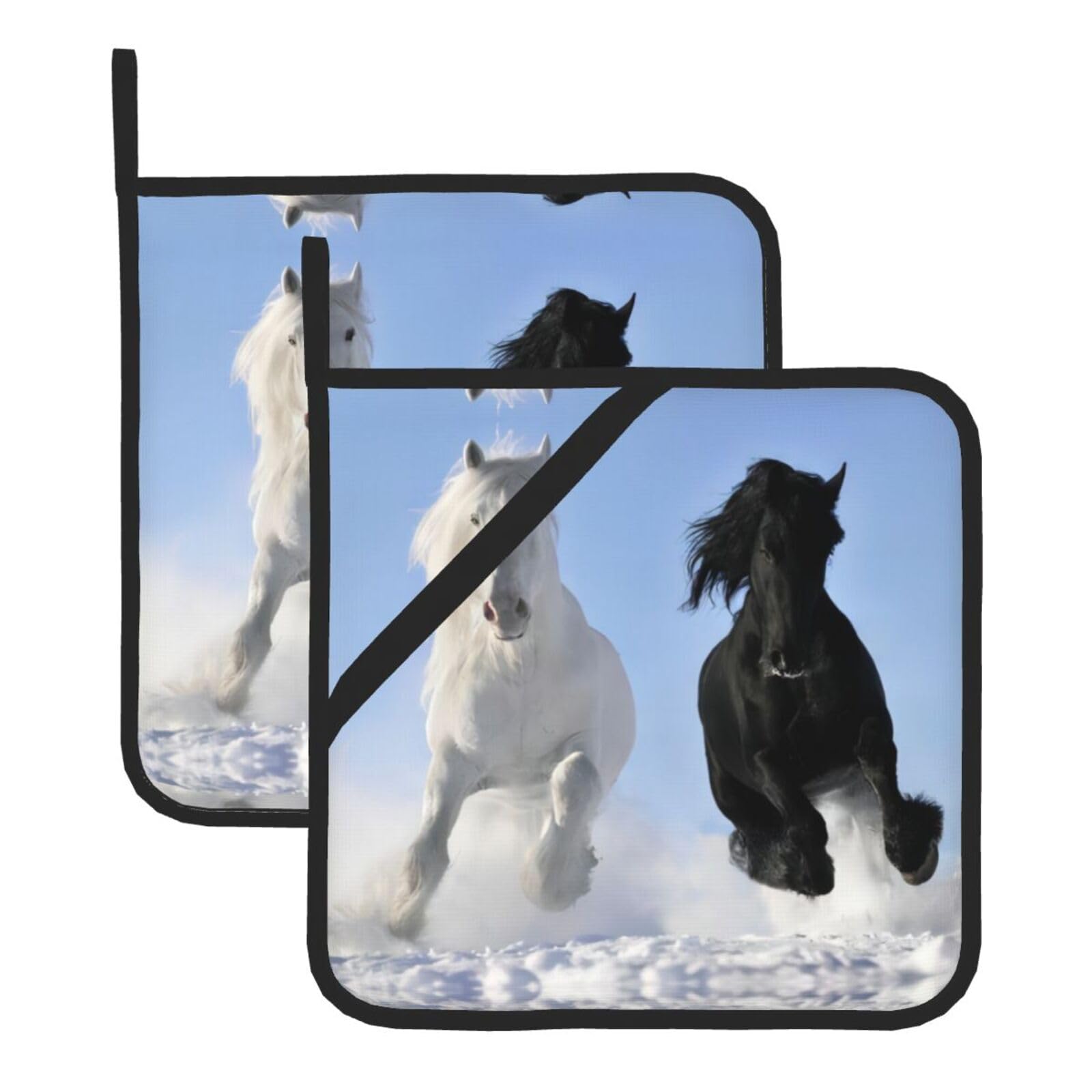 YYHWHJDE Black And White Horses Running Prints Square Hot Pads for Kitchen Counter - Waterproof Pot Holders, Durable Oven Mitt Layers with Hanging Loop, Heat Resistant Trivets (2-Pack)