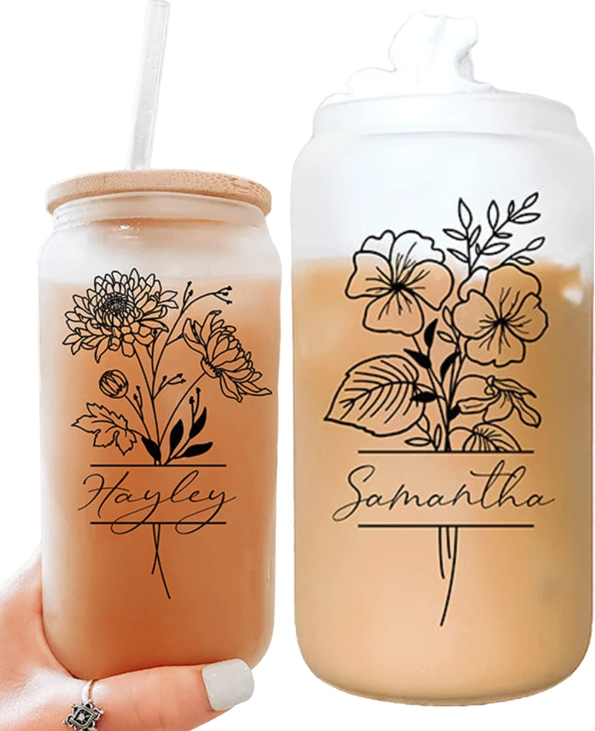 Taniri Personalized Bridesmaid Glass Tumbler Set with Straw - Flower & Name Customized Glass Tumbler - Bachelorette Party Tumblers - Bamboo Lid Iced Coffee Cup - Bridal Party Gifts
