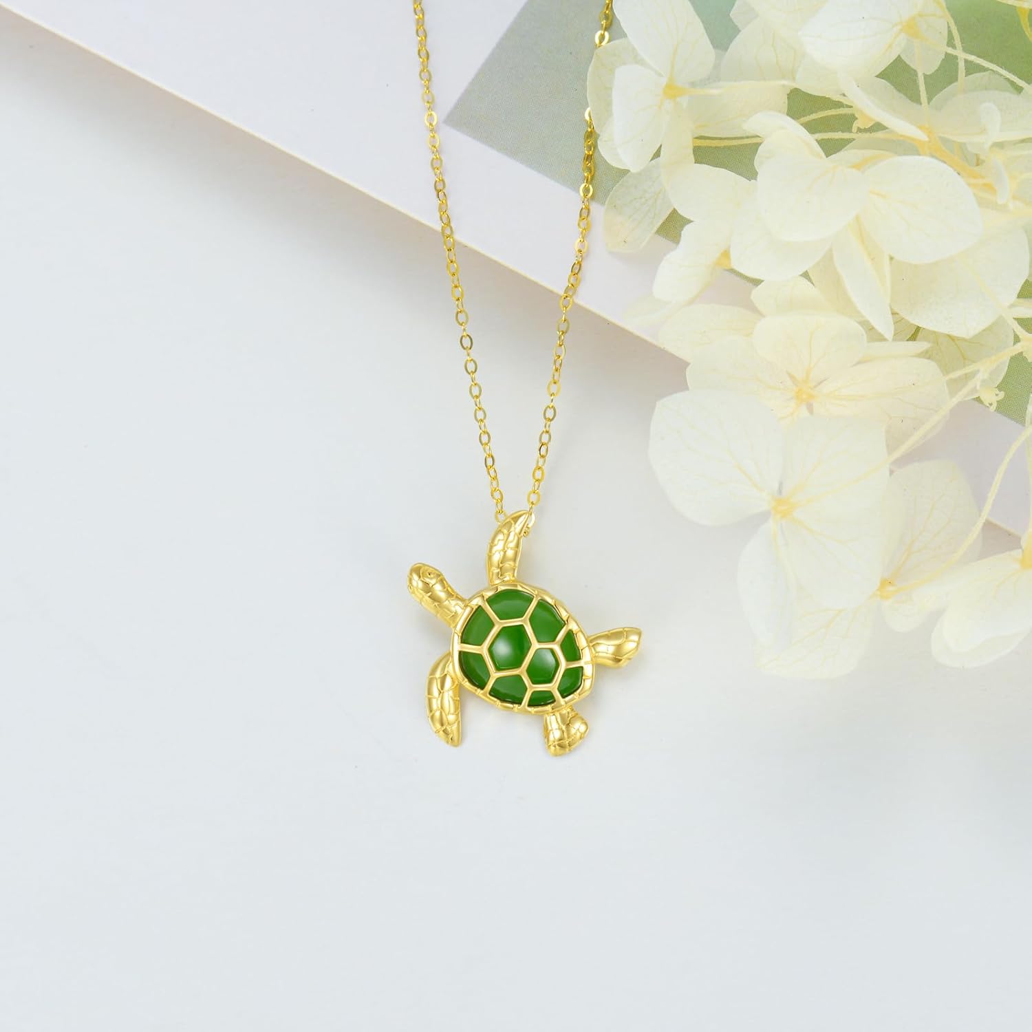 Blocaci Turtle Necklace 14k Solid Gold Sea Turtle Pendant for Women Jade Necklace Genuine Green Jade Gift for Her 18" - Image 4