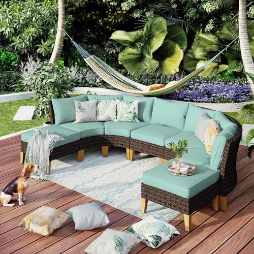 MFSTUDIO 7 Pieces Extra Large Wicker Patio Furniture Set All Weather Rattan Outdoor Conversation Half Moon Patio Sectional Sofa Set 4 x Curved Sofa 1 x Armless Sofa 2 x OttomansAqua Blue Cushion