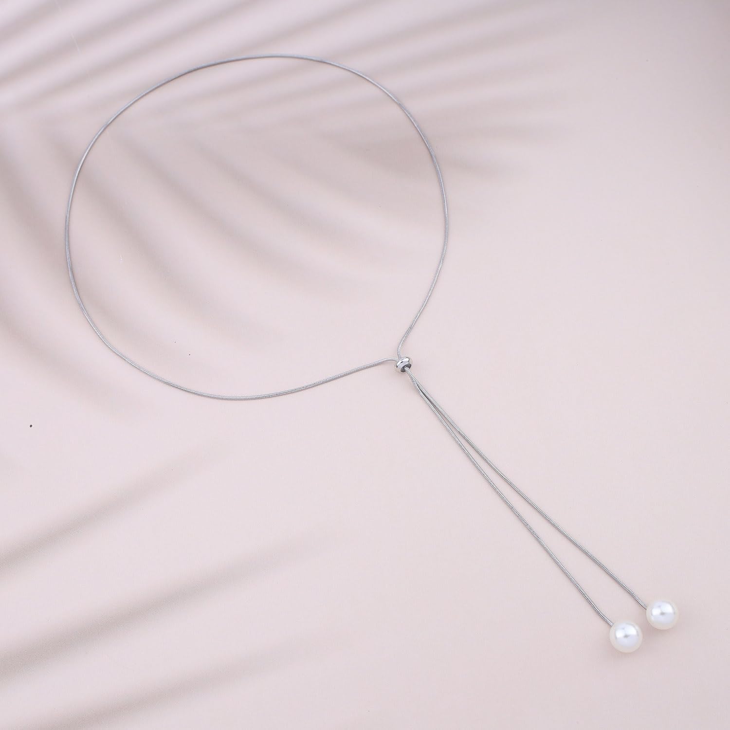 Long Pearl Lariat Necklaces Single Pearl Drop Y Necklace Dainty Pearl Pendant Sliding Necklace Adjustable Round Snake Chain Y Necklace Jewelry for Women Girls - Image 3