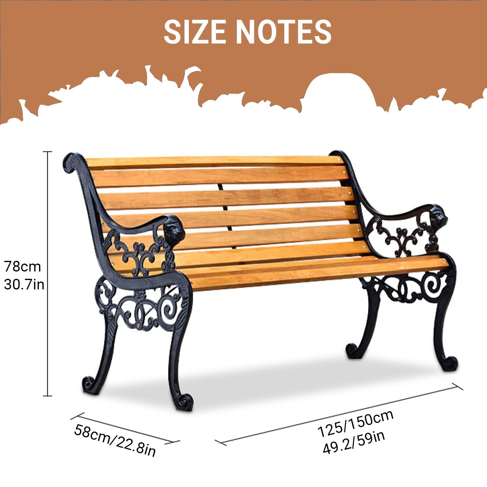 Banco de Parque de Madera Maciza con Respaldo,Banco de Patio Resistente a la Intemperie de Hierro Fundido,Asiento Natural con Listones,Reposabrazos tallados Huecos(B,125cm/47.2in)