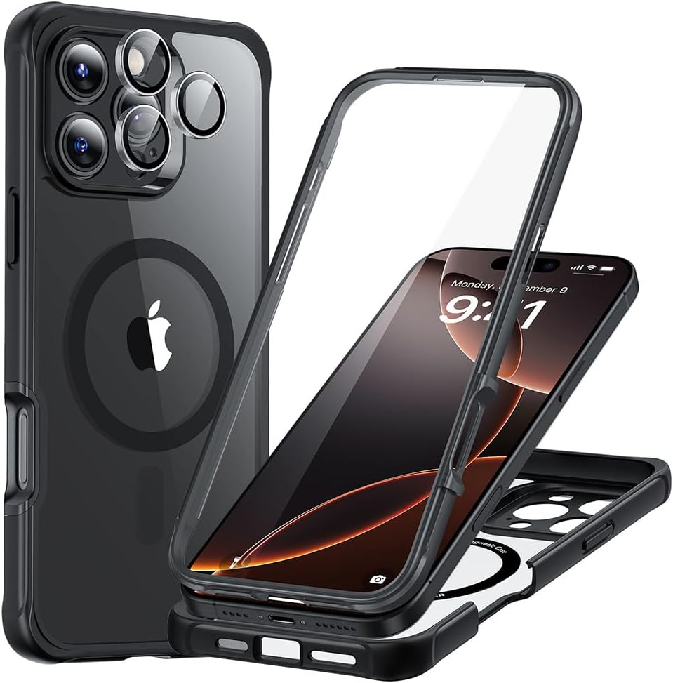 for iPhone 16 Pro Max Case Set, 1 Set Individual Lens Protectors, Compatible with MagSafe Phone Case, Full-Coverage Military-Grade Protection, Scratch Resistant, Armor Series, Clear Black