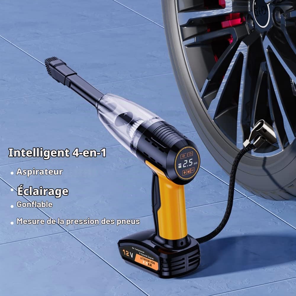 Aoun Aspirateur De Voiture Portable sans Fil Et Gonfleur De Pneus avec Manomètre, Écran LCD Et Lumière LED, Aspirateur à Main à Forte Aspiration 9000pa, Rechargeable électrique Pompe à Air sans Fil