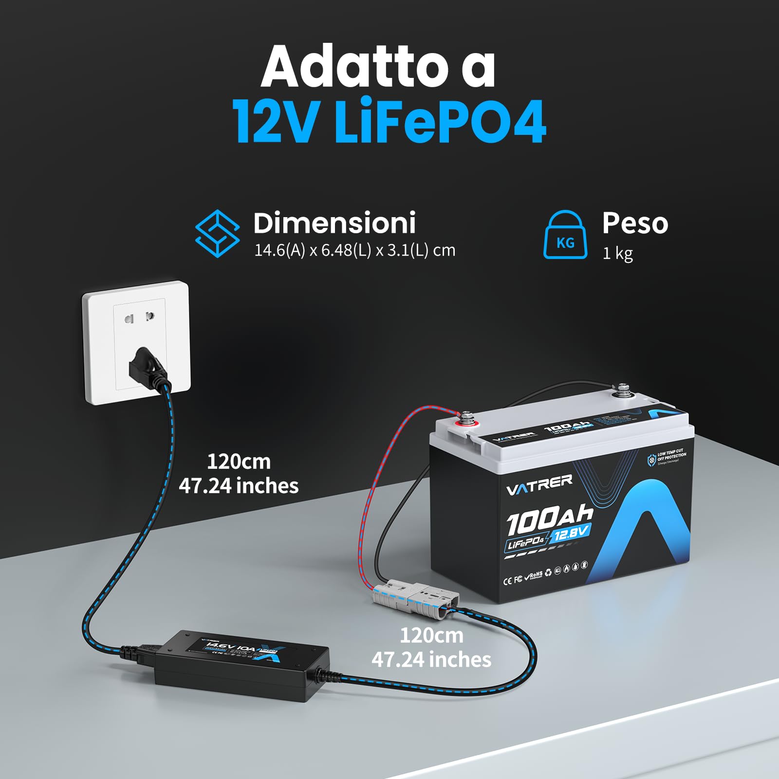 VATRER POWER 14.6V 10A Caricabatterie LiFePO4 Intelligente Caricabatterie AC-DC Perfetto per la Ricarica di Batterie LiFePO4 da 12V, Supporta la Ricarica Rapida | Caricabatterie intelligente AC-DC con ricarica rapida, progettato per batterie LiFePO4 12V c