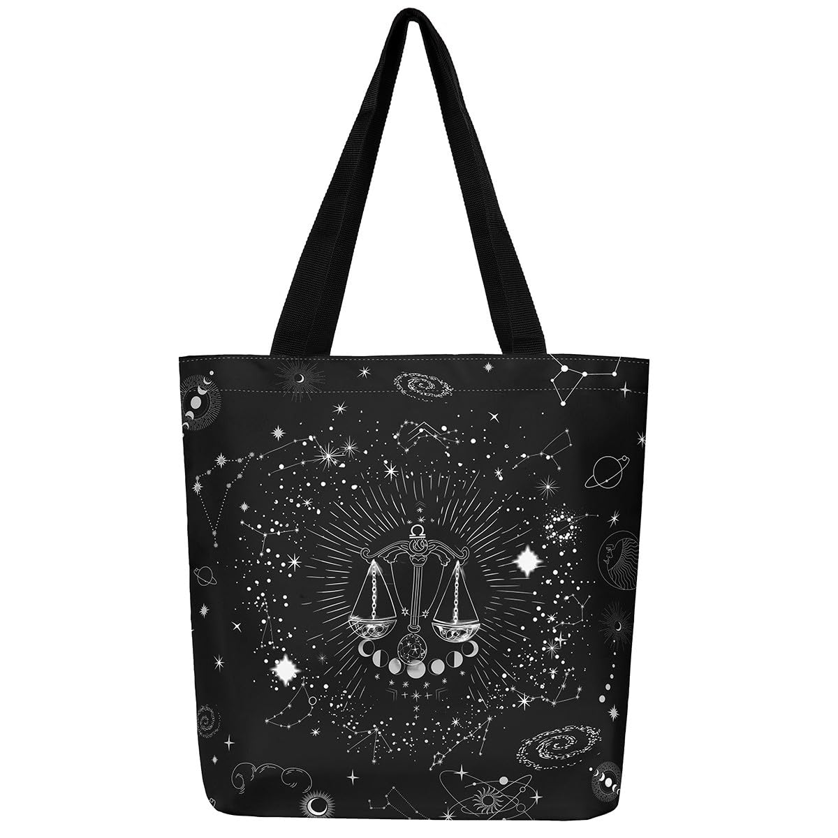 Homewish Libra Canvas Bag Psychedelic Galaxy Grocery Bag, Constellations Canvas Tote Bag Glitter Stars Shopping Bag, Zodiac Astrology Beach Bag, Black and White