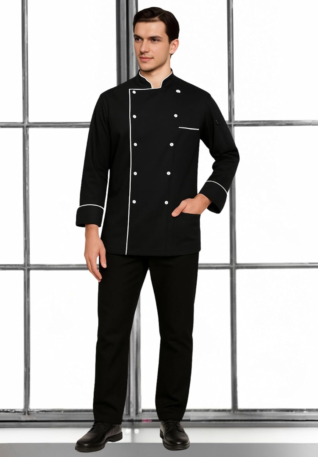 Professional Chef Jacket with Double-Breasted Design, Long Sleeve, Stand-Up Collar, Contrast Piping, Kitchen Uniform