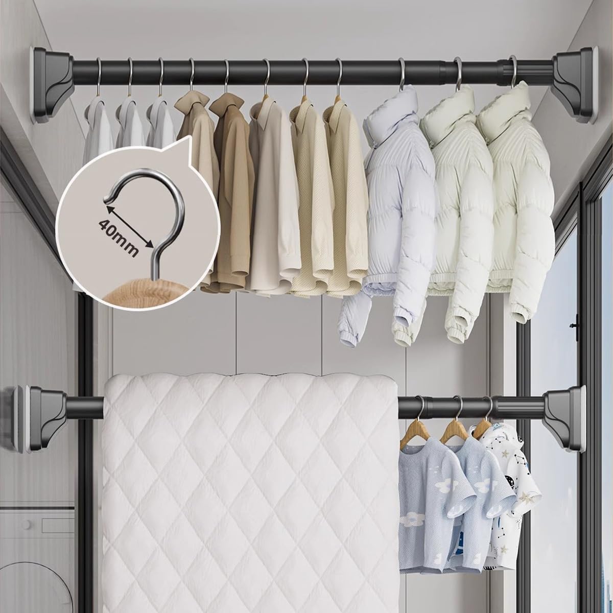Asta estensibile senza trapano regolabile 240-400 cm, teles Ø32 mm per bagno, armadio e giardino, e facile da installare, nero h