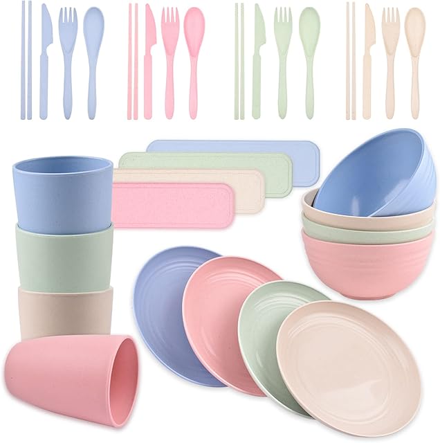 DIYJEP 32PCS Plastic Plates and Bowls Sets,Premium Camping Dinner Set for 4,Unbreakable Cups Bowls Plates and Cutlery Set,Lightweight Reusable Dinnerware Sets for Picnic Outdoor Party